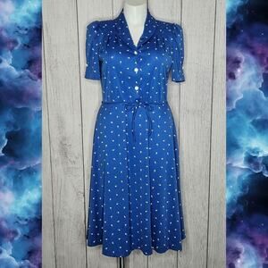 VTG 70s Montgomery Ward Blue & White Heart Print Volup Shirt Dress, size 16